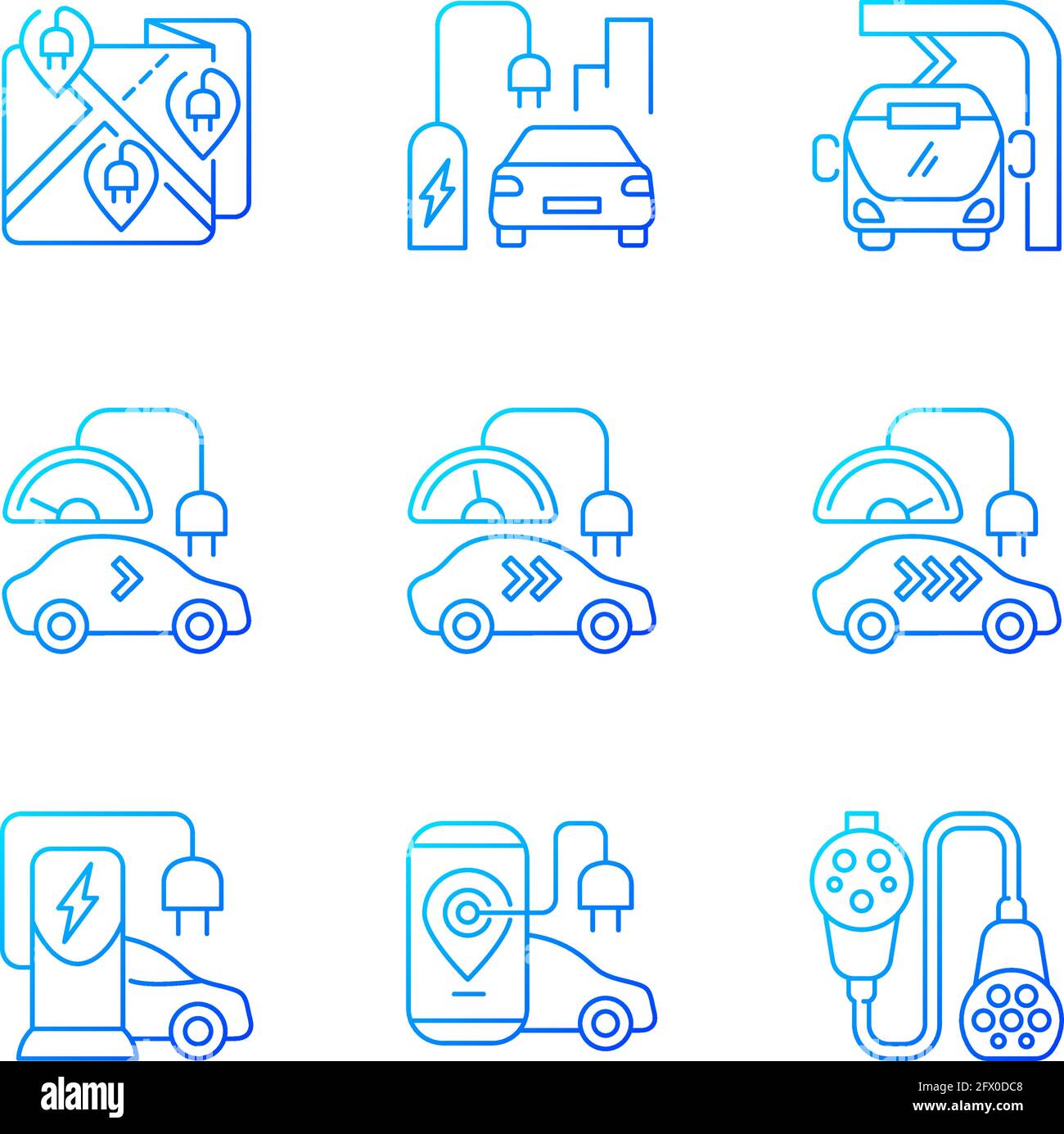 Electric vehicle charging gradient linear vector icons set Stock Vector