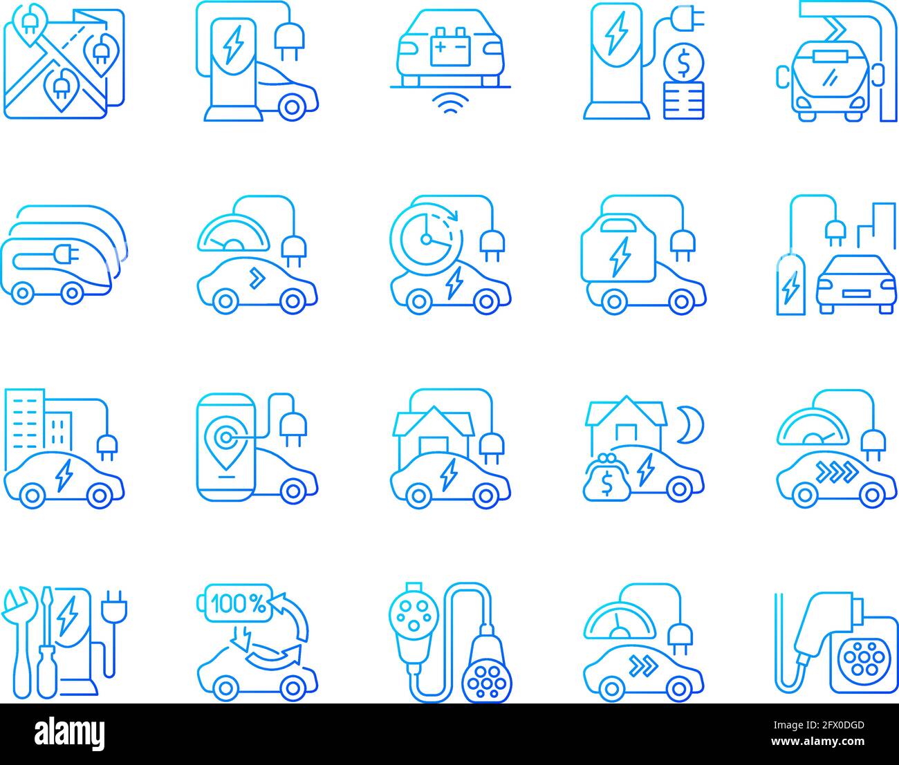 Electric vehicle charging gradient linear vector icons set Stock Vector