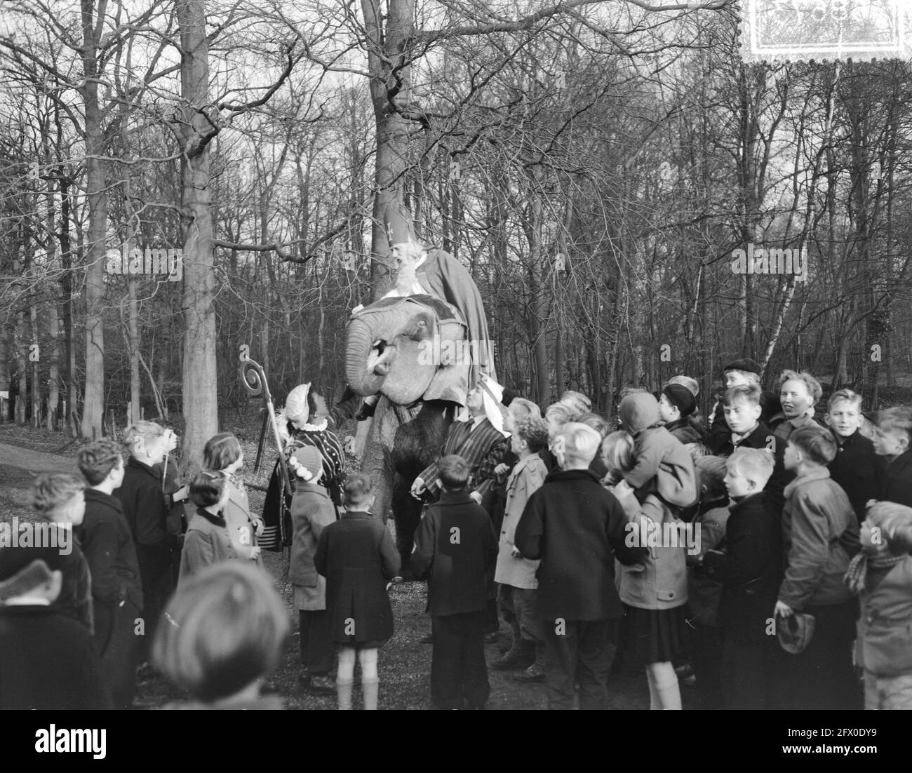 Saint Nicholas on elephant visits Chemical Factory Naarden, December 1, 1954, OLIFANTS, The Netherlands, 20th century press agency photo, news to remember, documentary, historic photography 1945-1990, visual stories, human history of the Twentieth Century, capturing moments in time Stock Photo