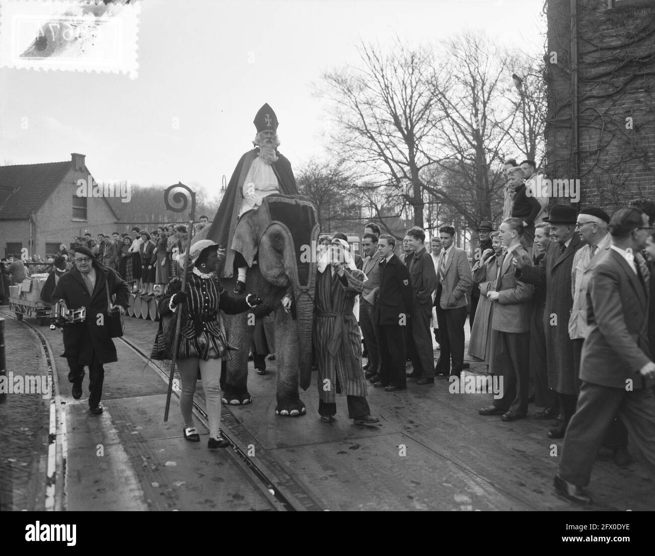 Saint Nicholas on elephant visits Chemical Factory Naarden, December 1, 1954, OLIFANTS, The Netherlands, 20th century press agency photo, news to remember, documentary, historic photography 1945-1990, visual stories, human history of the Twentieth Century, capturing moments in time Stock Photo
