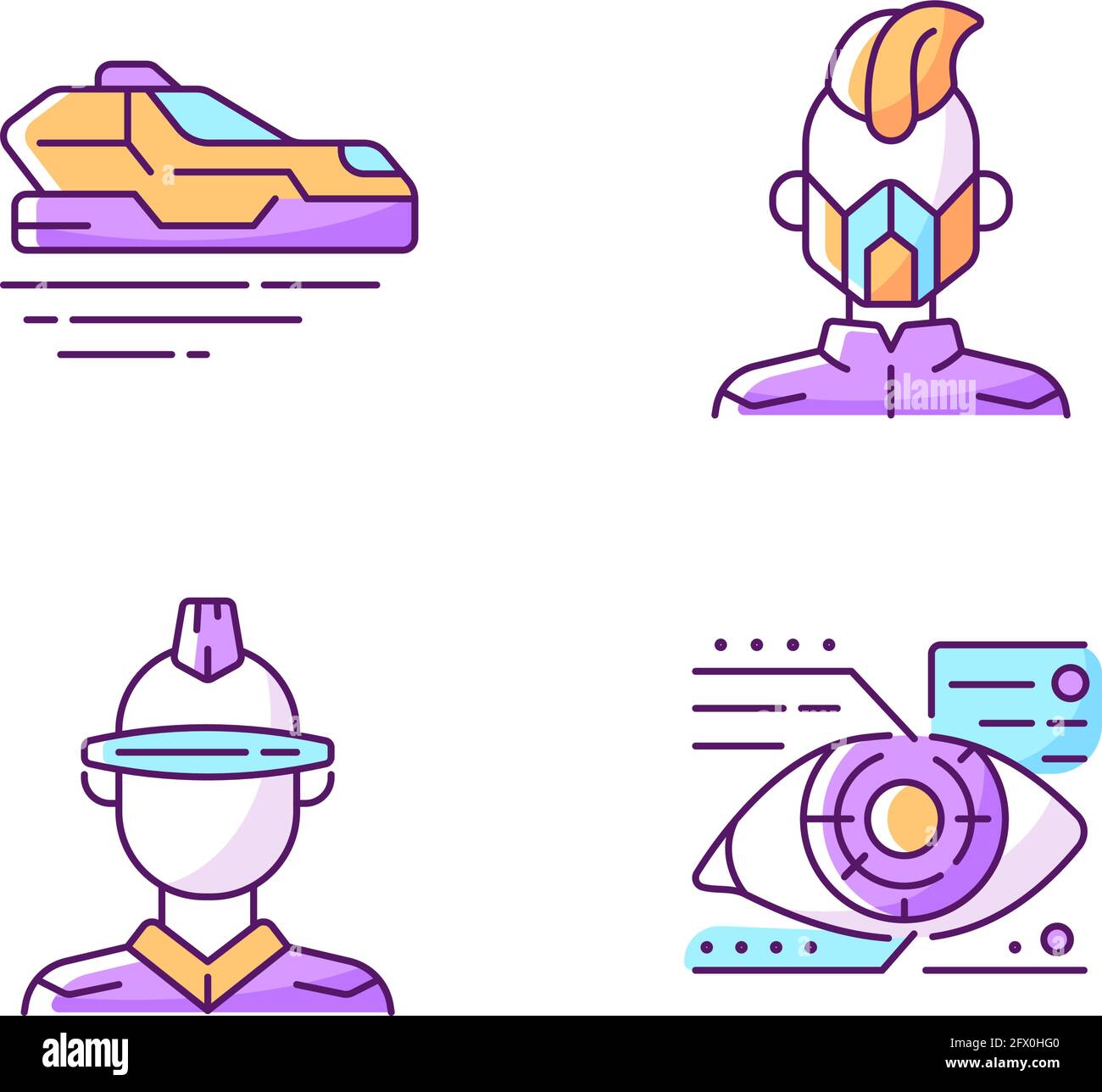 Sci fi and cyberpunk RGB color icons set Stock Vector