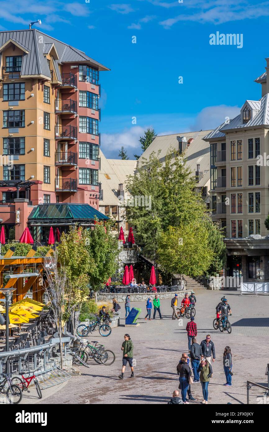 Visitors on Skiers Plaza and Village Stroll, Whistler, British Columbia, Canada, North America Stock Photo