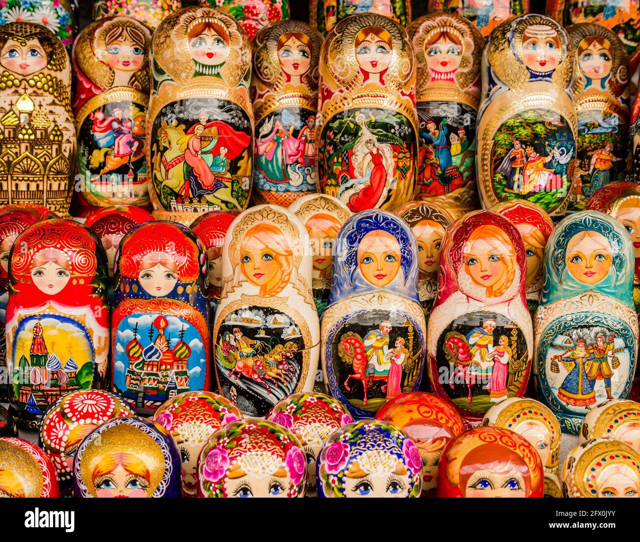 Row of colorful traditional matryoshka dolls, Moscow, Russia Stock Photo
