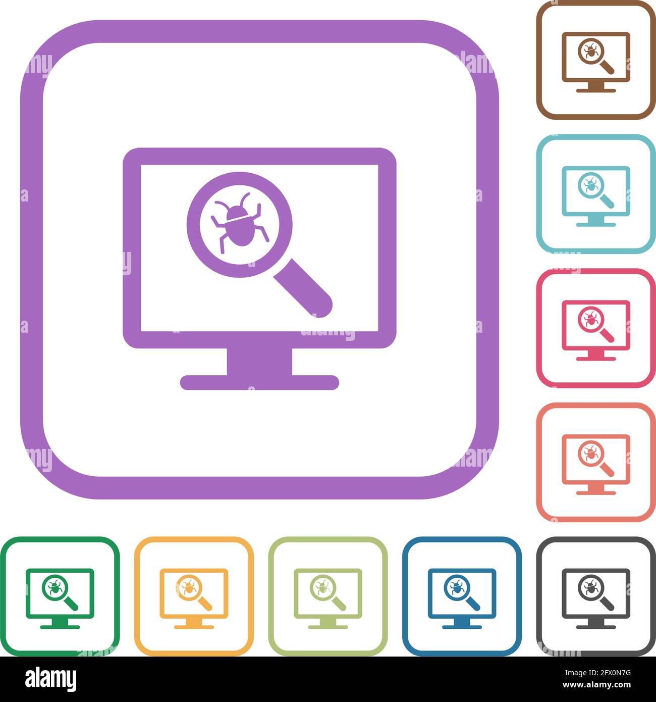 Virus scanning on computer simple icons in color rounded square frames on white background Stock Vector