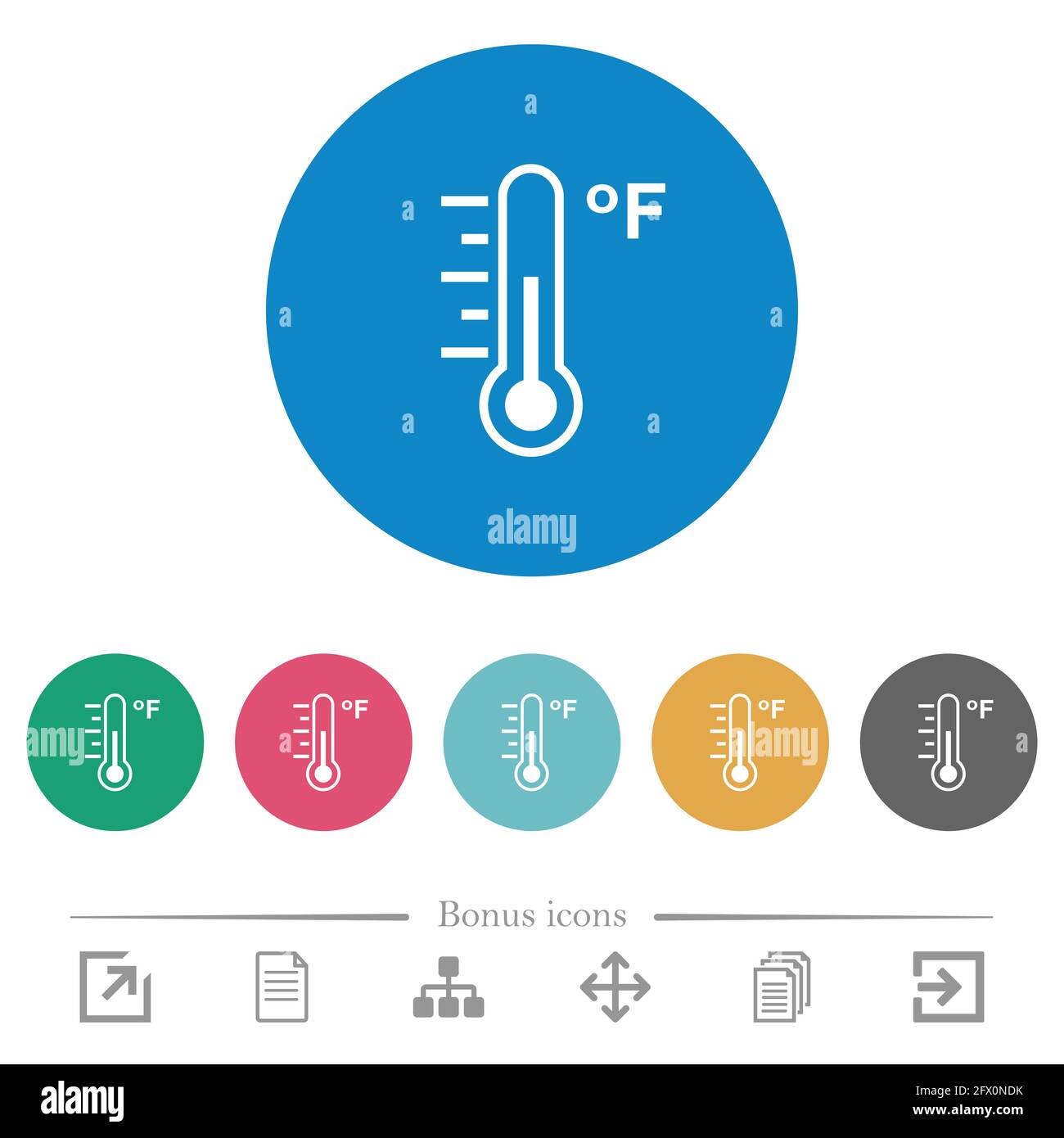 Fahrenheit thermometer medium temperature flat white icons on round ...