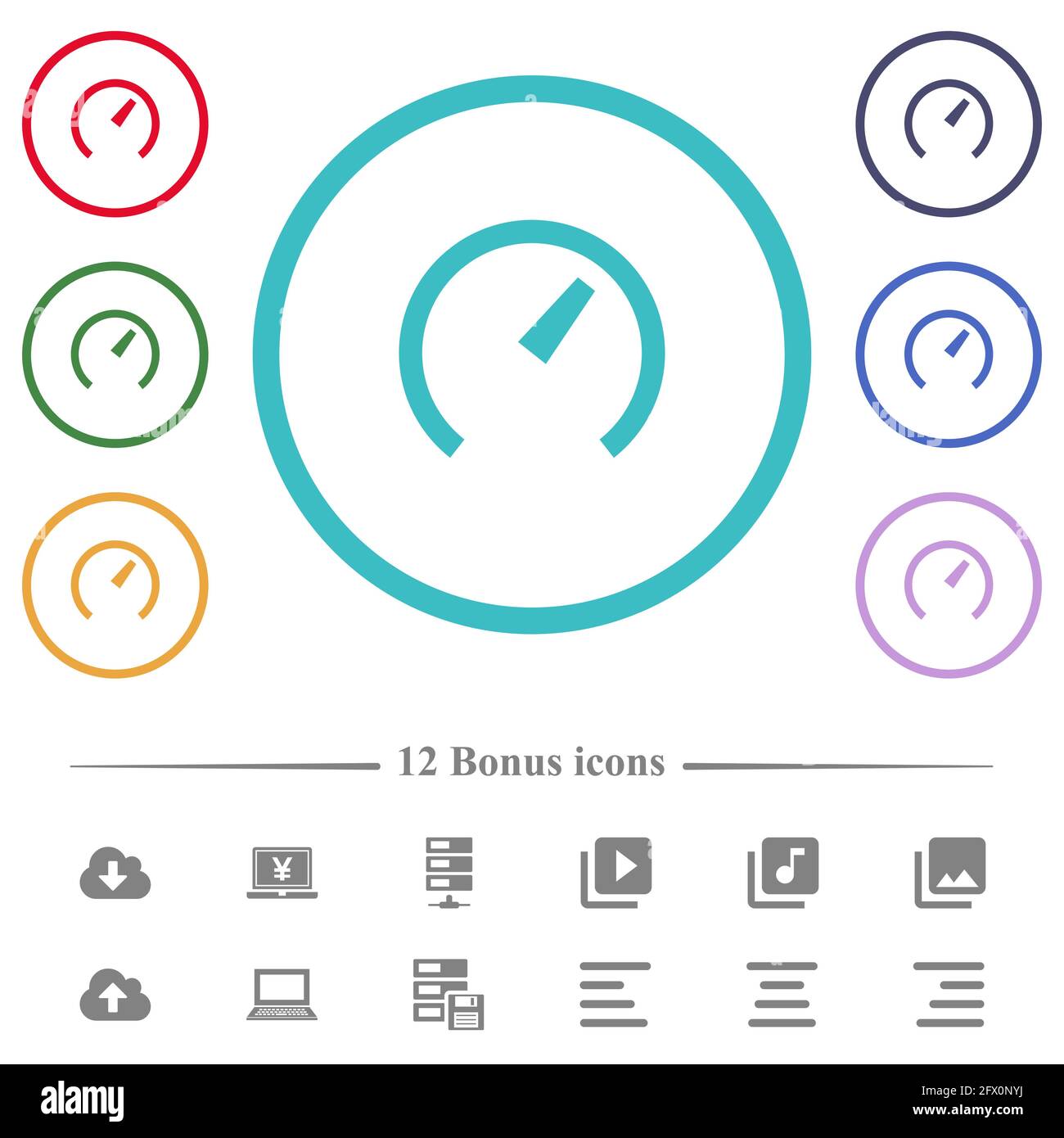 Speedometer flat color icons in circle shape outlines. 12 bonus icons ...