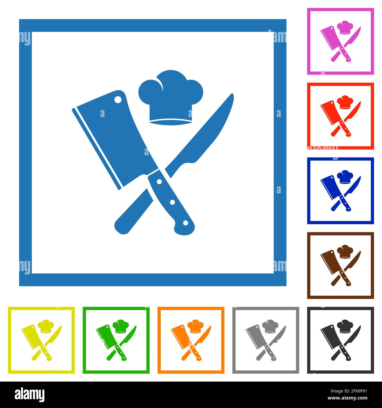 Crossed meat cleaver and knife with chef hat flat color icons in square ...