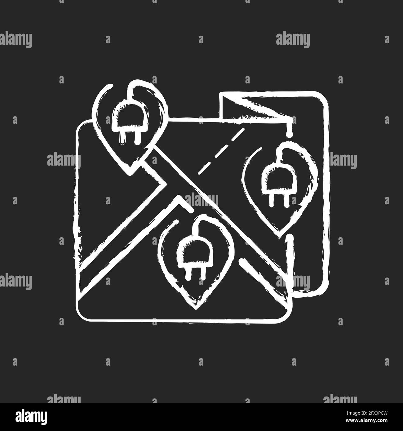 EV charging stations map or network chalk white icon on black background Stock Vector