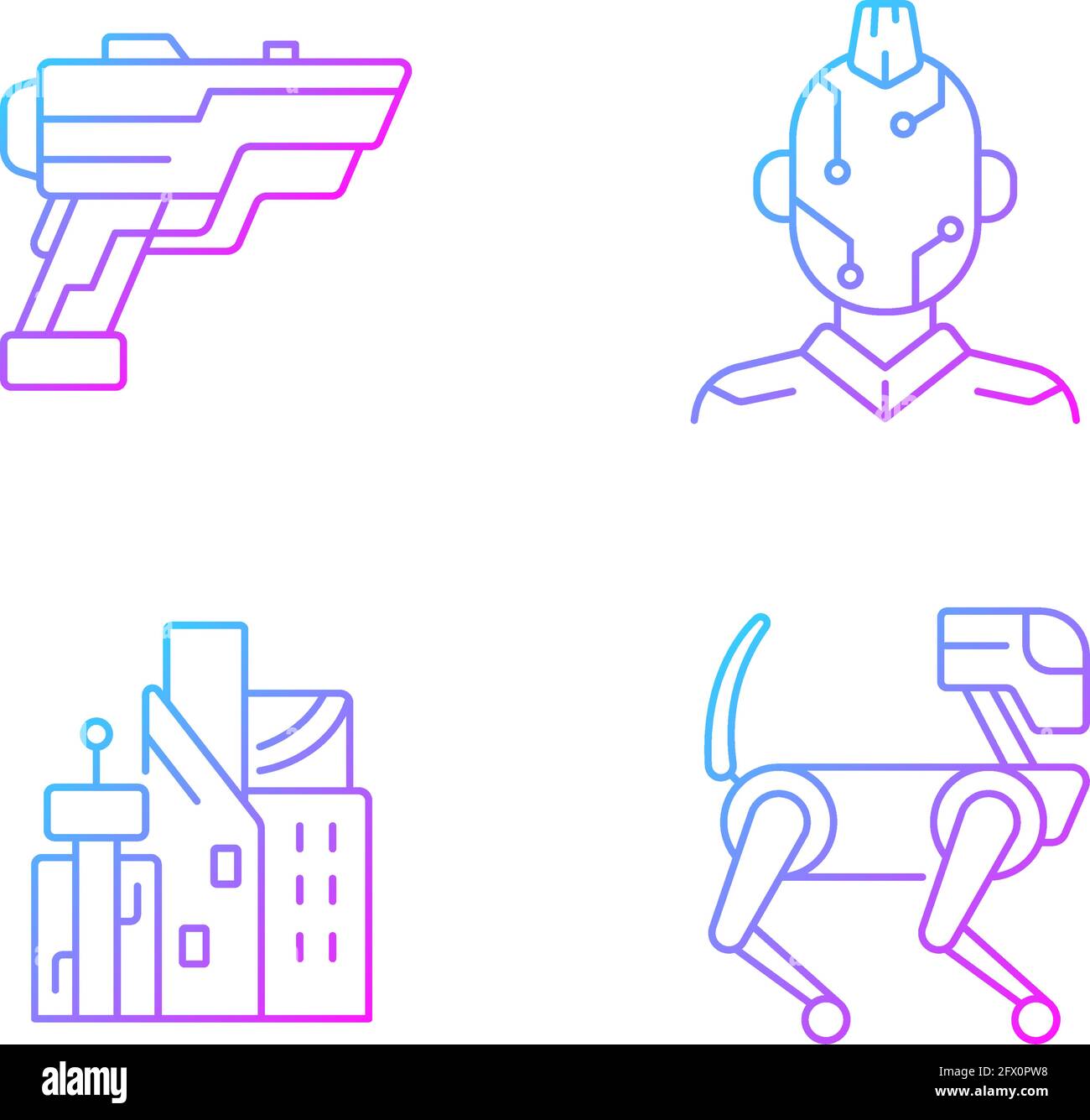 Cyberpunk items gradient linear vector icons set Stock Vector