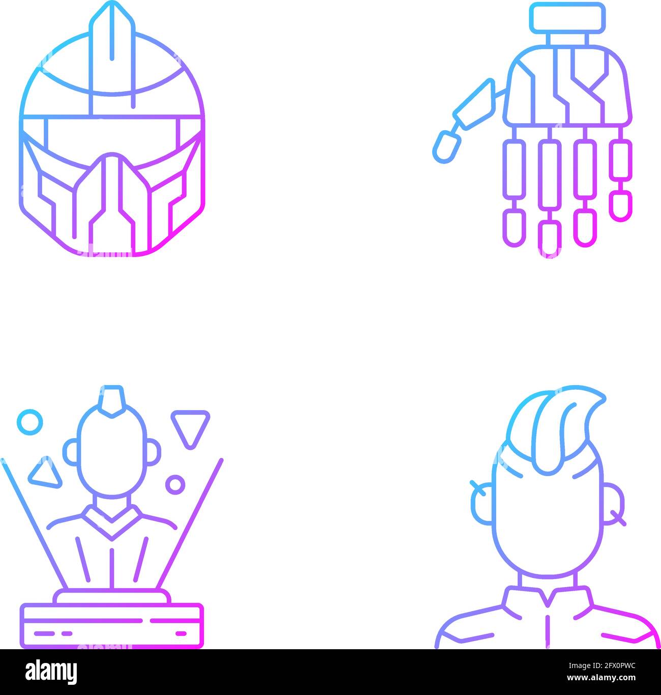 Human body cyberpunk augmentations gradient linear vector icons set Stock Vector
