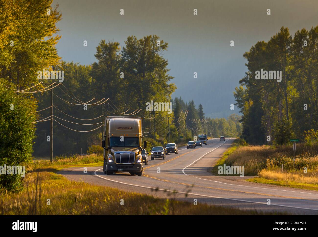 View of freightliner on Southern Yellowhead Highway between Little Fort and Clearwater, British Columbia, Canada, North America Stock Photo