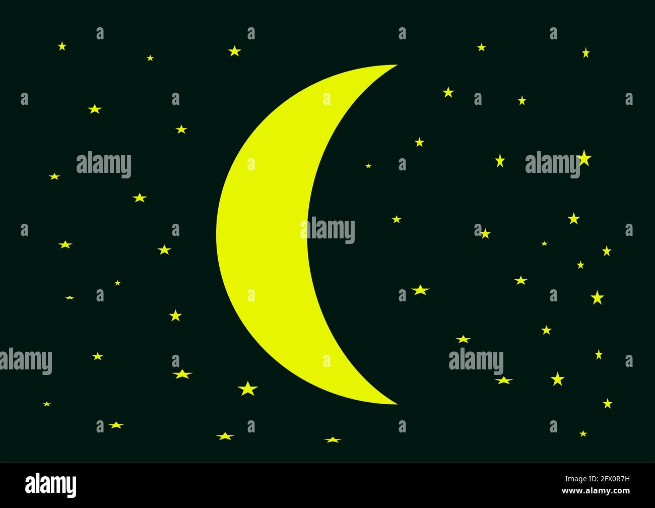 Gelbe Mondsichel, Sterne, Nachthimmel, Schwarzer Hintergrund Stock Photo