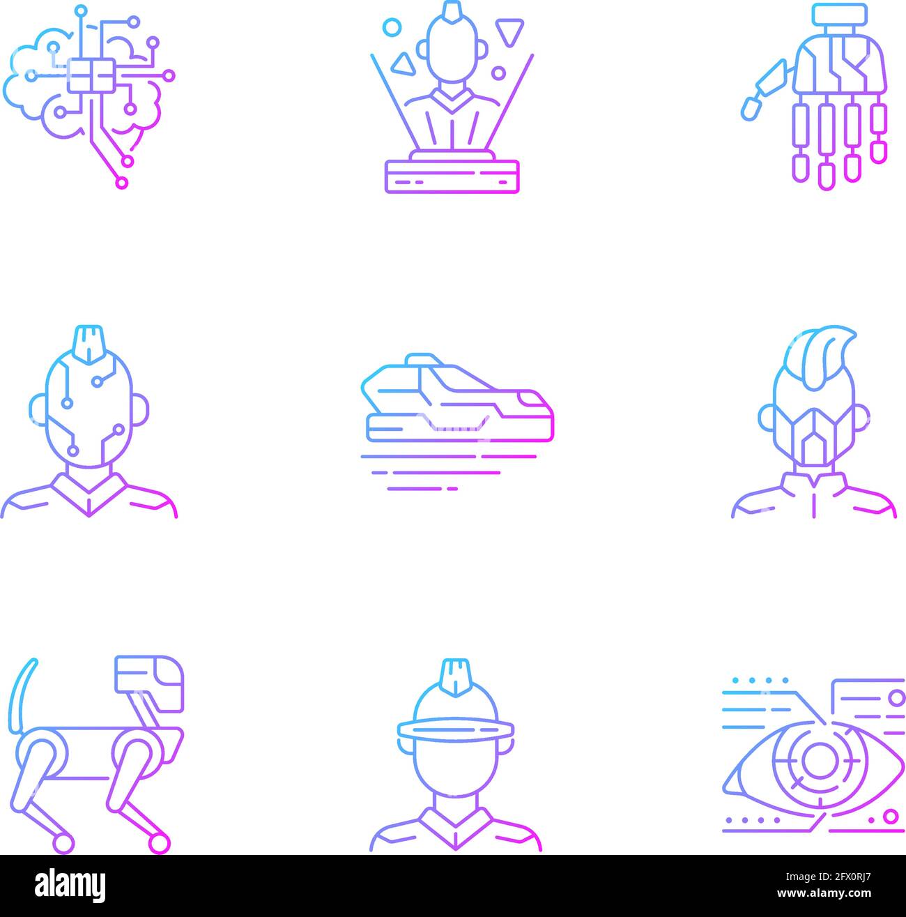 Cyberpunk attributes gradient linear vector icons set Stock Vector