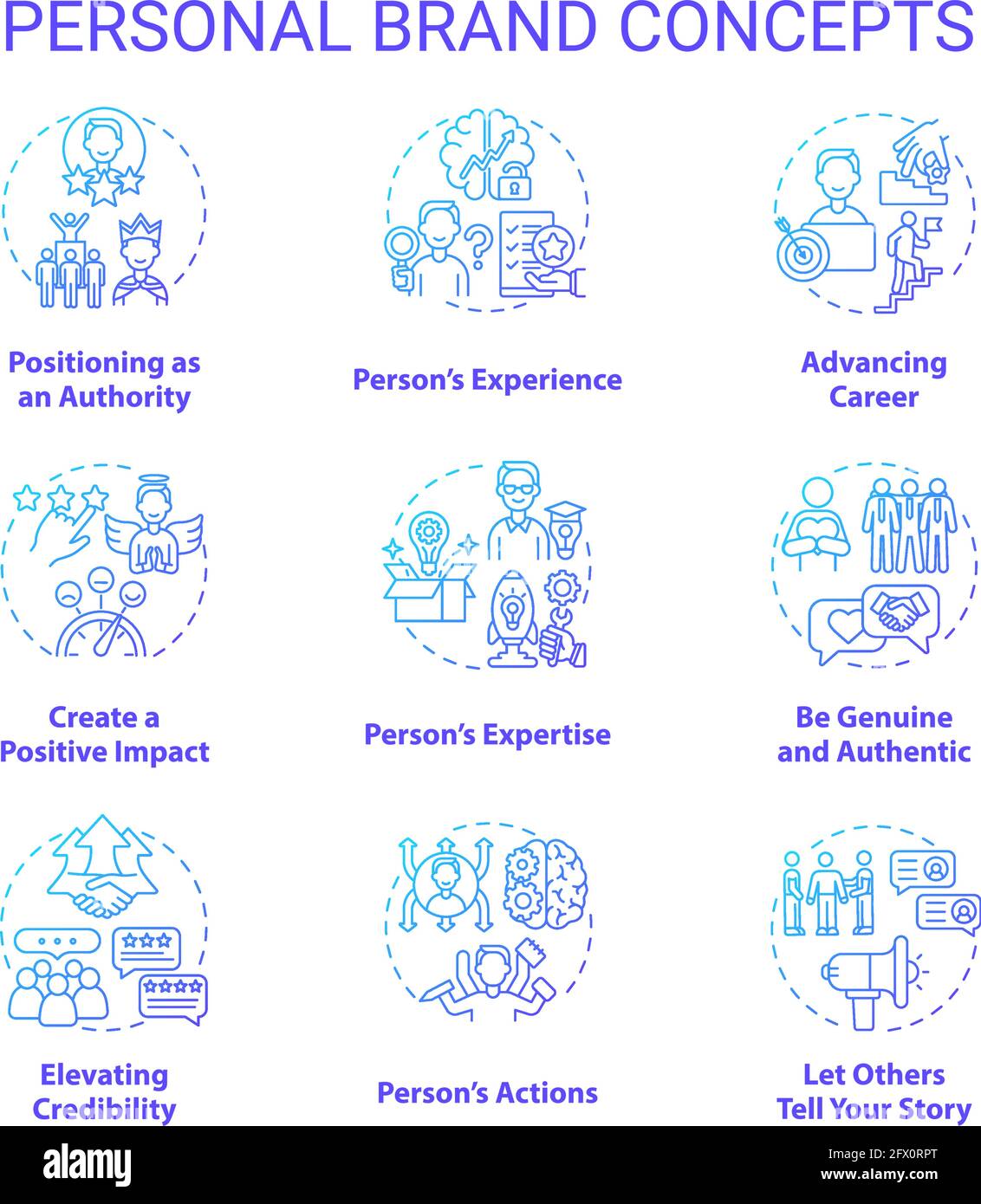 Personal brand navy gradient concept icons set Stock Vector