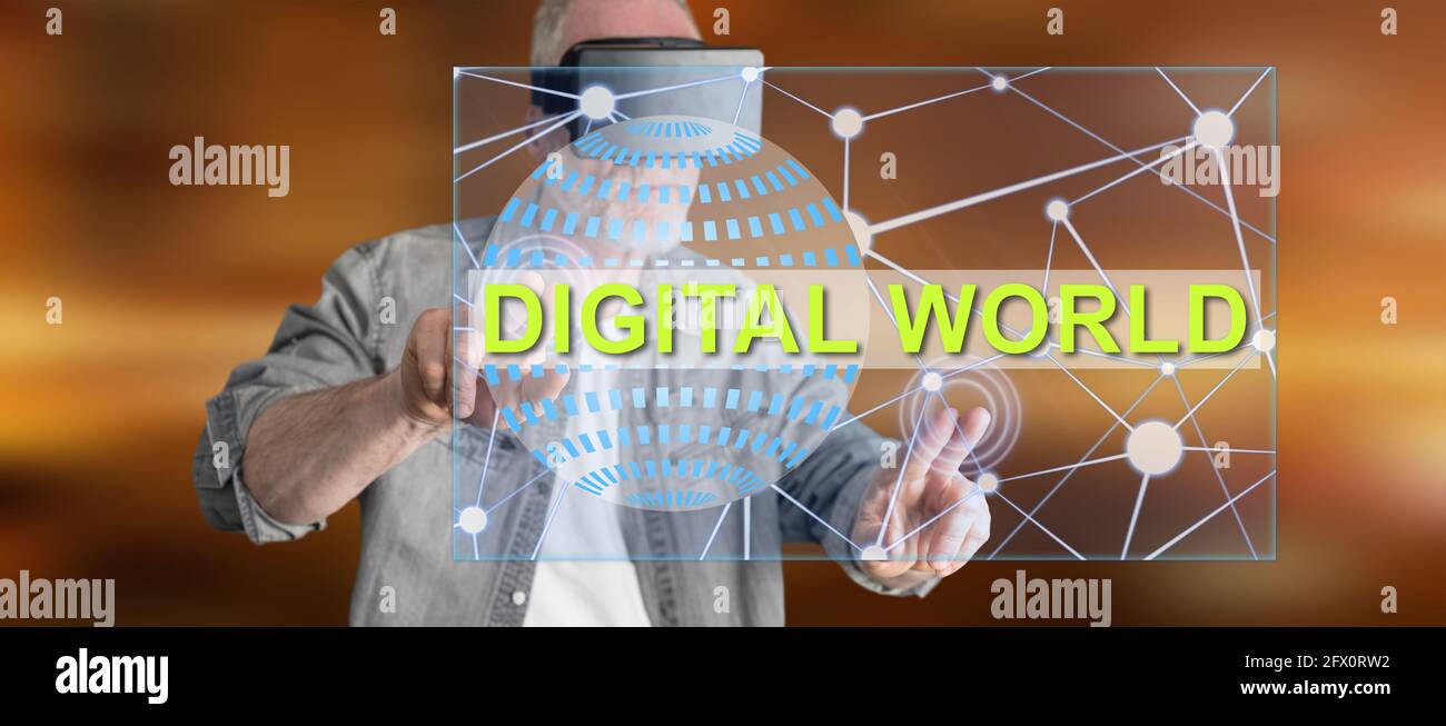 Man wearing a reality virtual headset touching a digital world concept ...