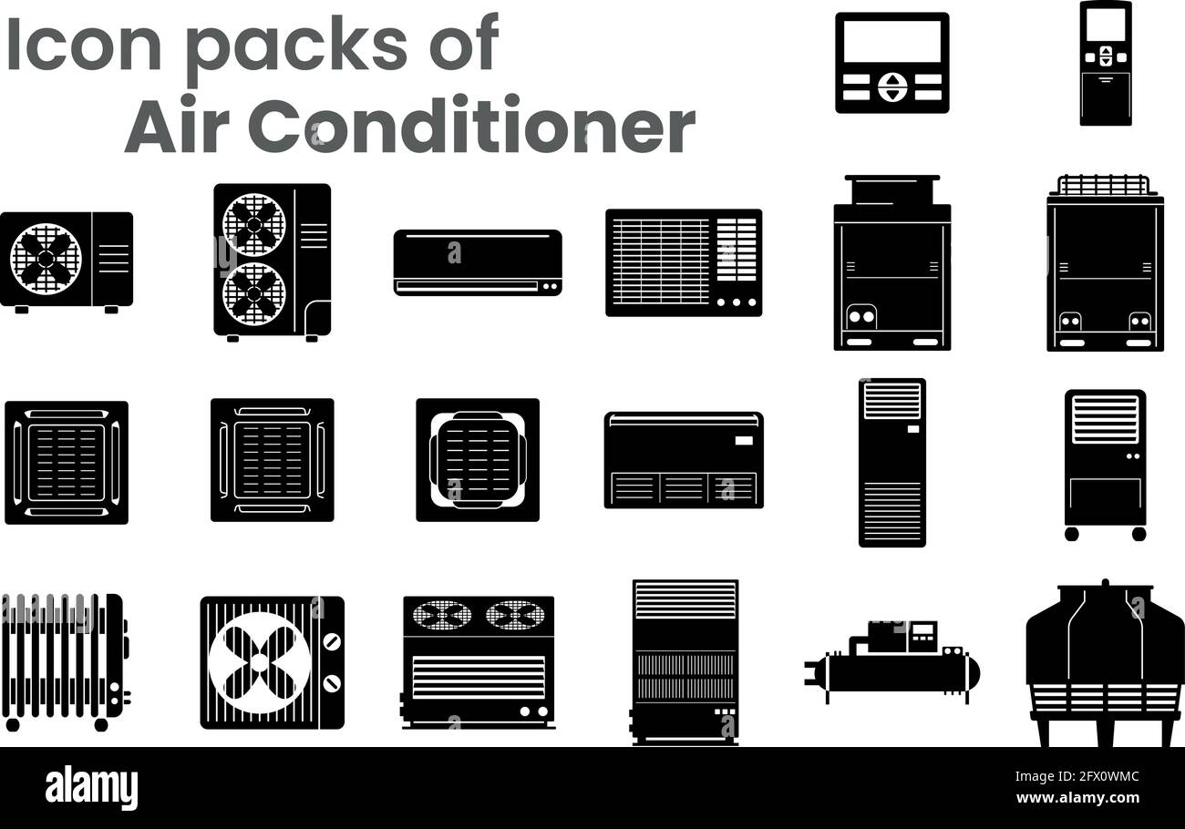 Icon packs of Air conditioners various type as symbol-block-line-outline.  Various objects of air conditioners-condensing fan coil indoor outdoor  Stock Vector Image & Art - Alamy