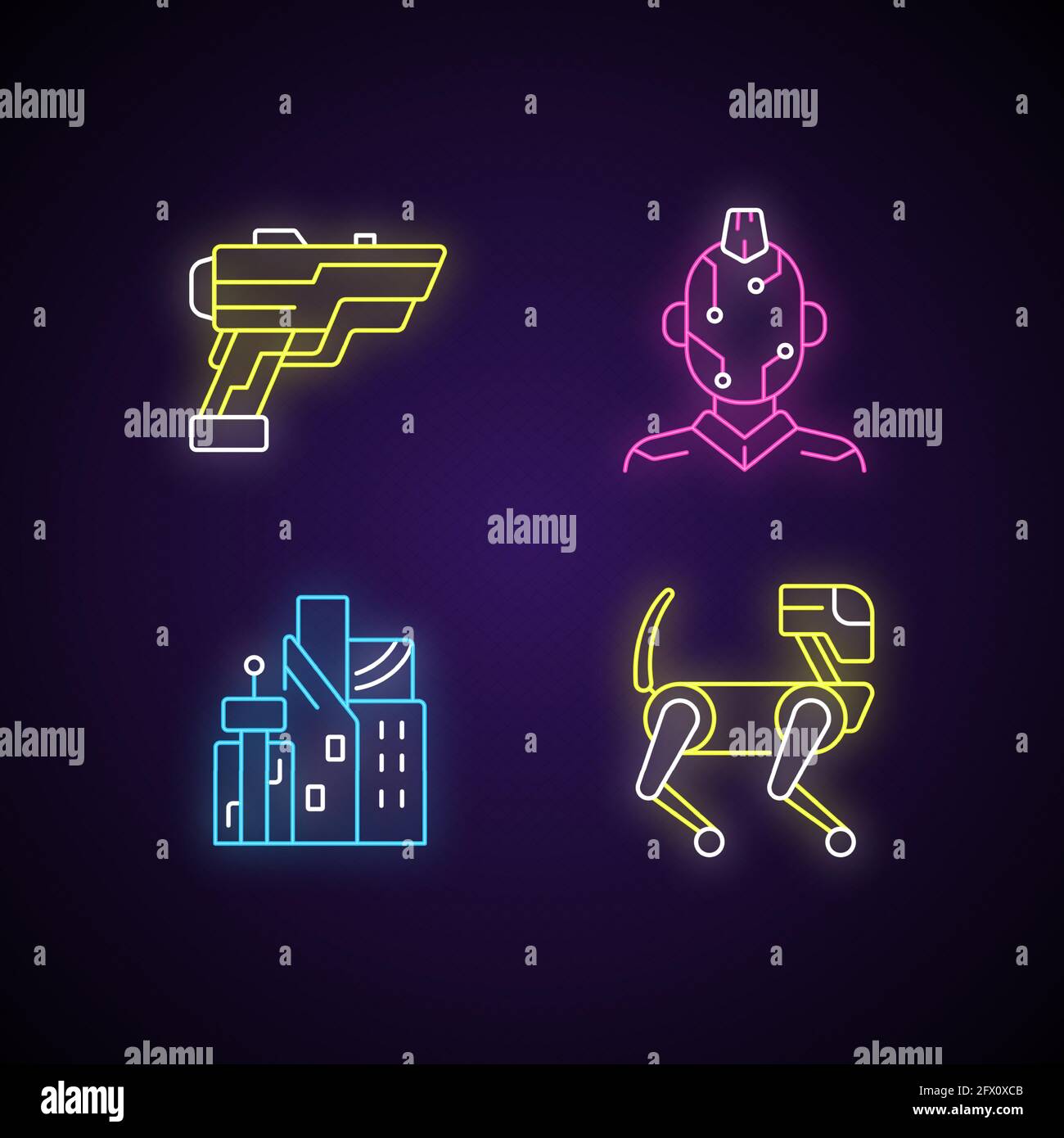 Cyberpunk items neon light icons set Stock Vector