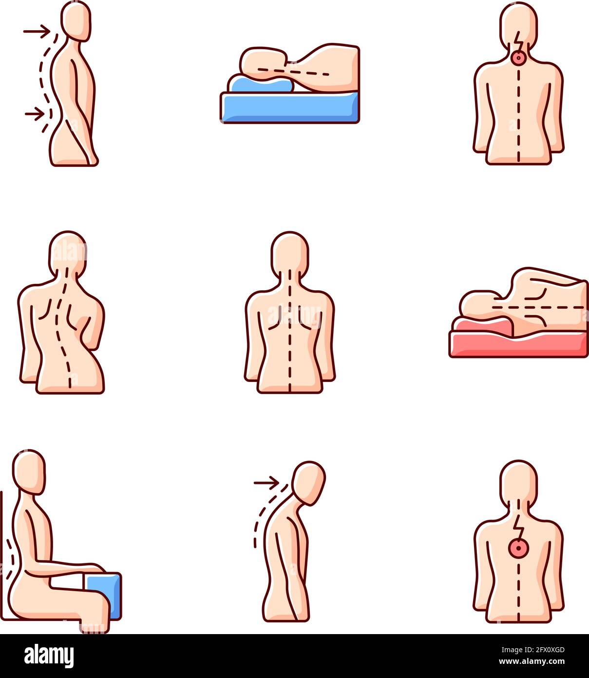Back and posture problems RGB color icons set Stock Vector