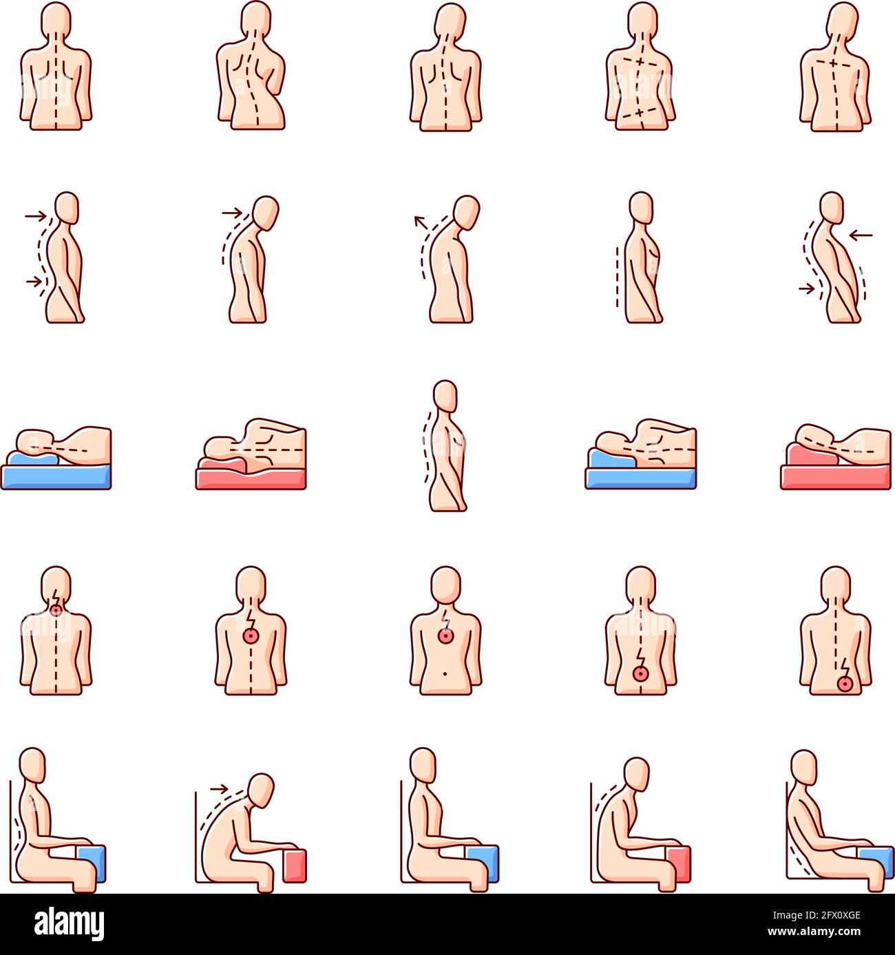 Back and posture problems RGB color icons set Stock Vector