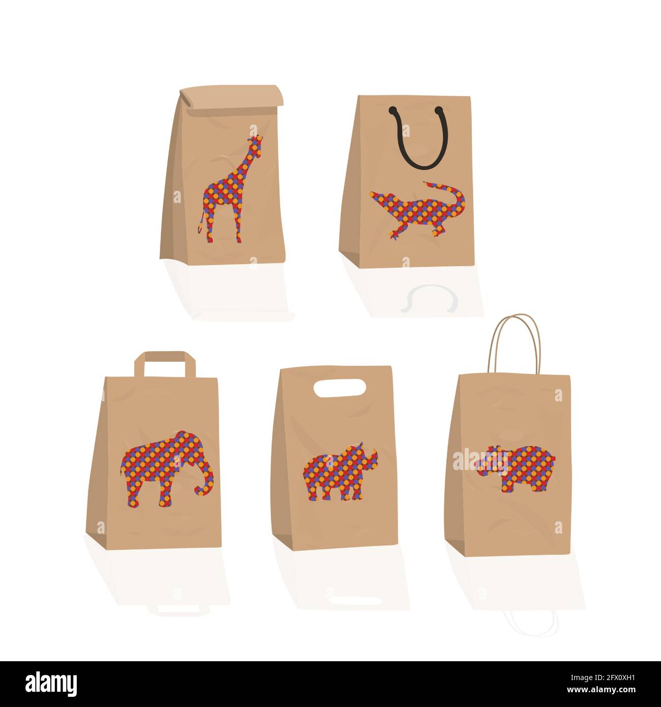 A set of gift paper craft bags with drawings of animals Stock Vector