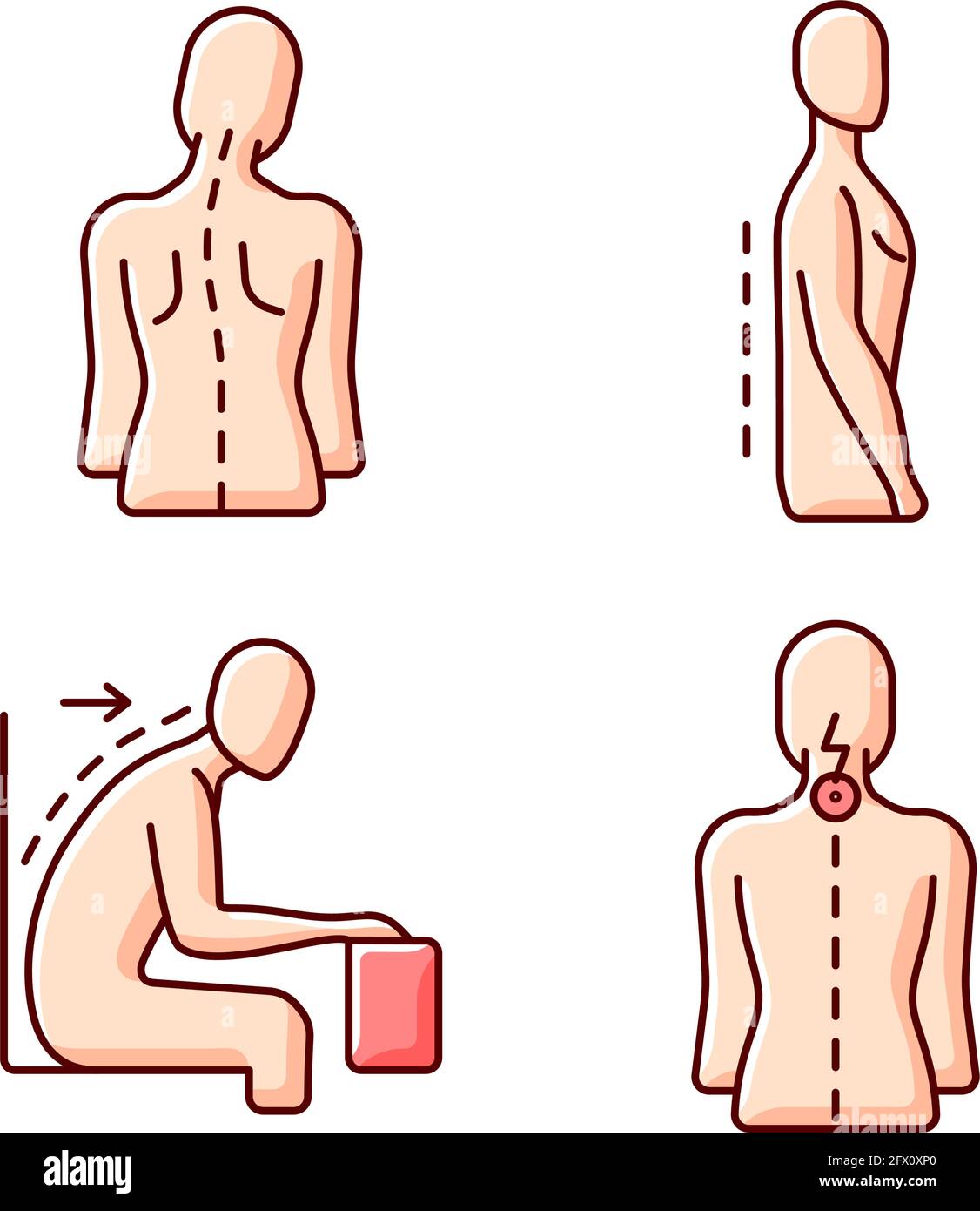 Bad posture problems RGB color icons set Stock Vector