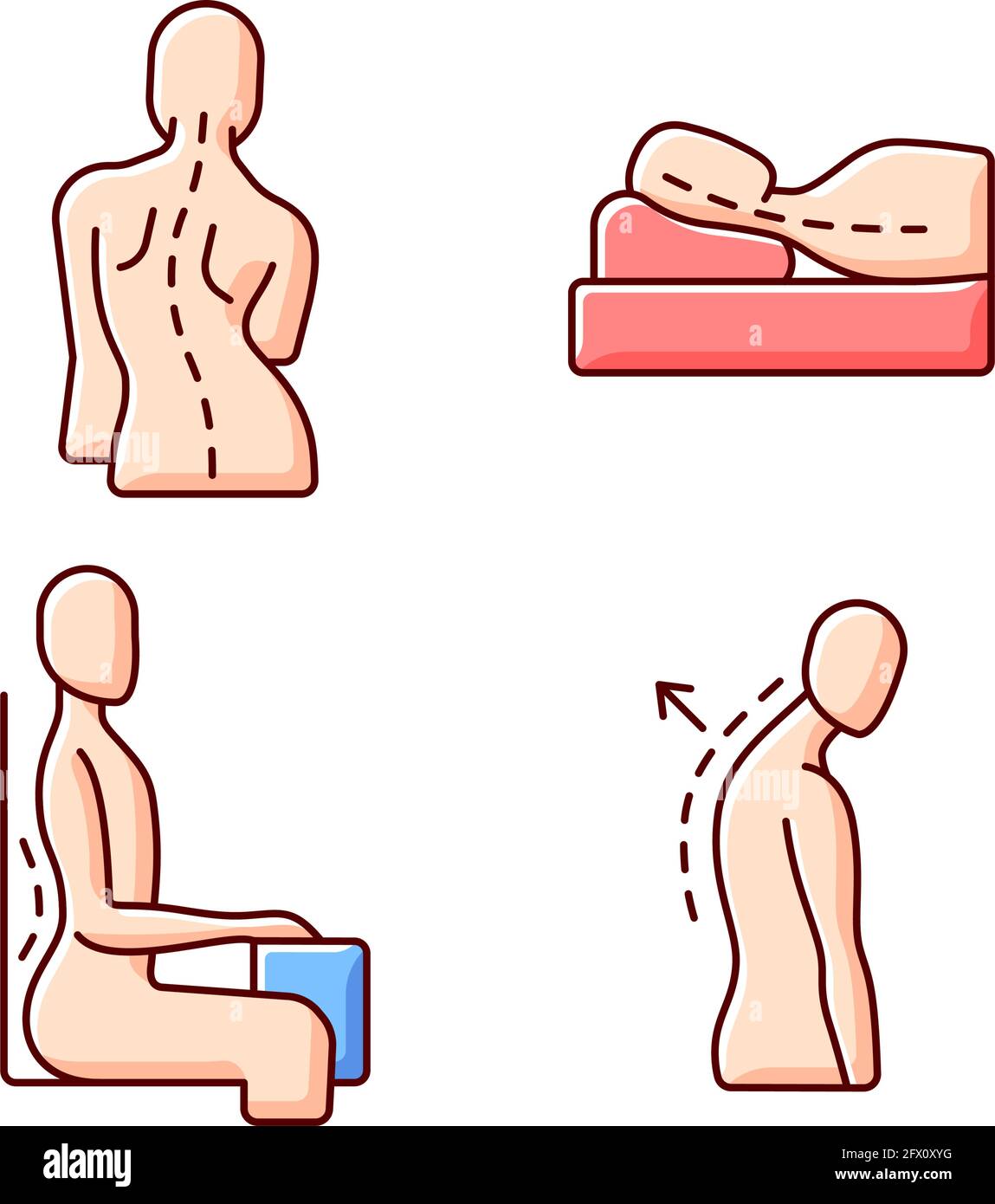 Poor posture problems RGB color icons set Stock Vector