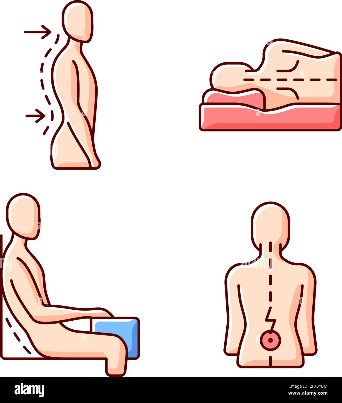 Postural dysfunction RGB color icons set Stock Vector
