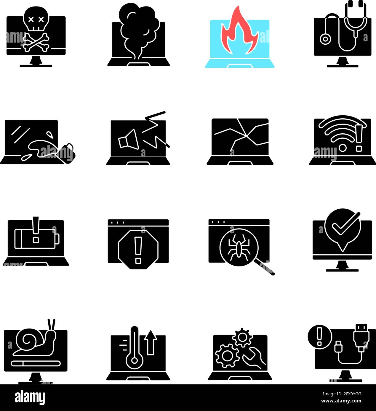 Computer problems black glyph icons set on white space Stock Vector