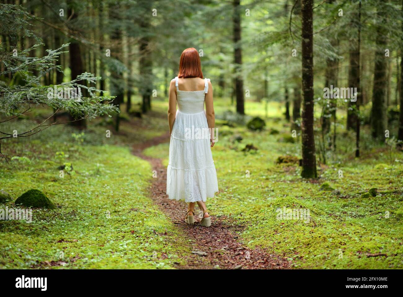Back view of a woman with white dress walking alone in a green forest ...