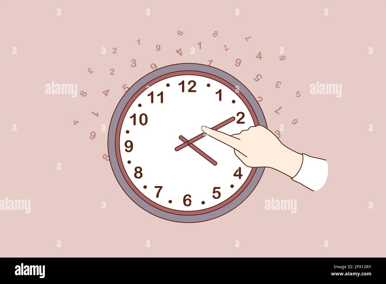 Changing time concept. Human hand changing time on large wall clock