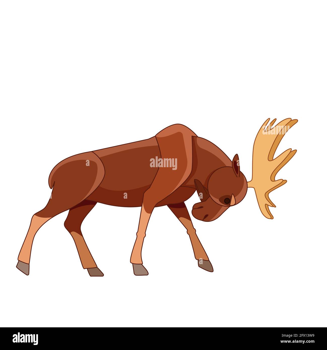 Angry Bull Moose fighting. Woodland moose in cartoon style. Scene from wild. Cartoon character vector flat illustration isolated on a white background Stock Vector