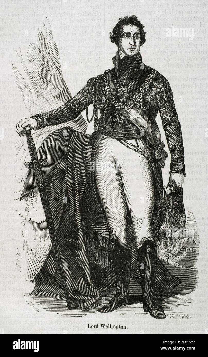 Arthur Colley Wellesley, 1st Duke of Wellington (1769-1852). British general and politician. During the Peninsular War he led the British troops fighting in Spain against Napoleon. Portrait. Illustration by Zarza. Engraving by Carnicero. Historia General de España by Padre Mariana. Madrid, 1853. Stock Photo