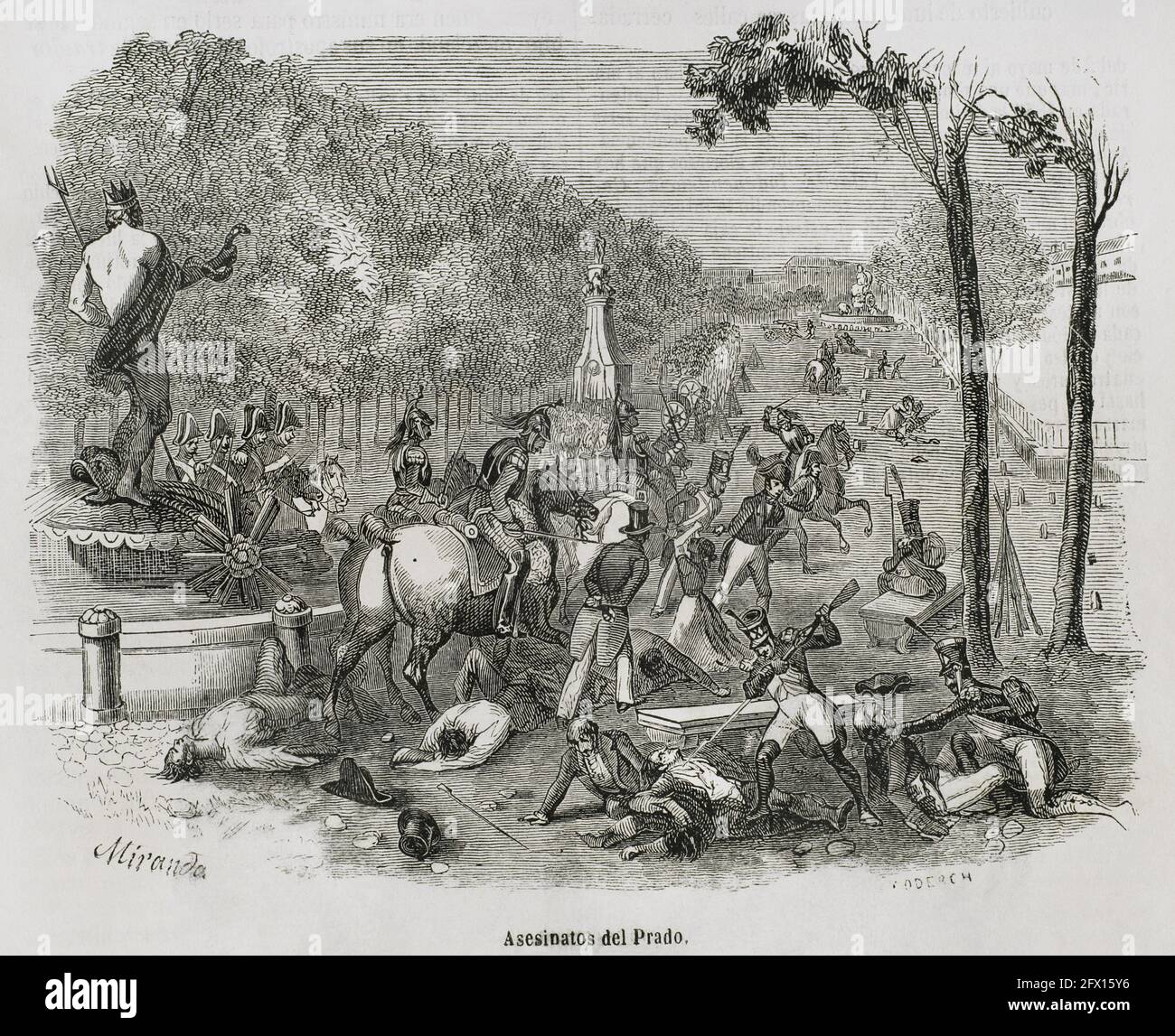 Spain, Madrid. Repression by French troops after the Dos de Mayo Uprising,  1808. Paseo del Prado murders. Illustration by Miranda. Engraving by  Coderch. Historia General de España by Father Mariana. Madrid, 1853