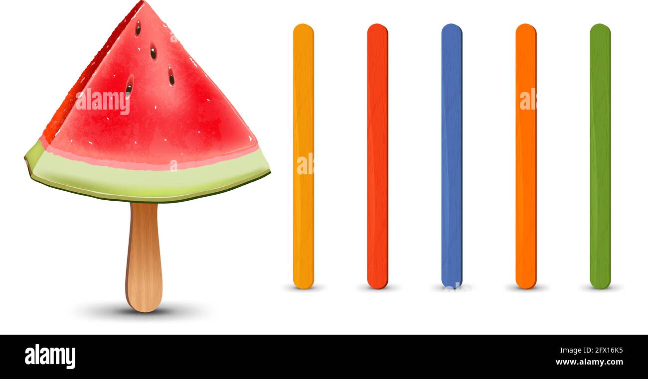 Set of realistic popsicle sticks. Watermelon piece on popsicle stick