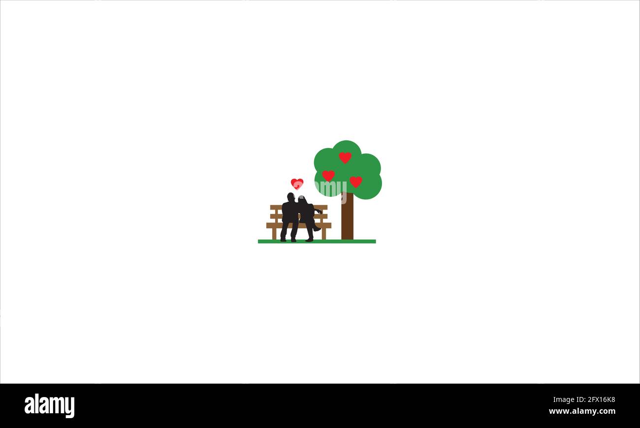 Valentine's day illustration. Young couple is sitting on a park bench with  small hearts  icon logo Vector illustration Stock Vector