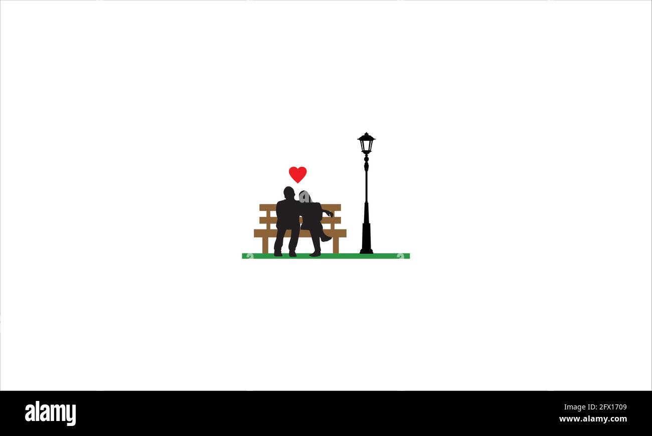 Lovers on a bench, romantic background with light pole and heart icon . Conceptual love card, graphic illustration Stock Vector