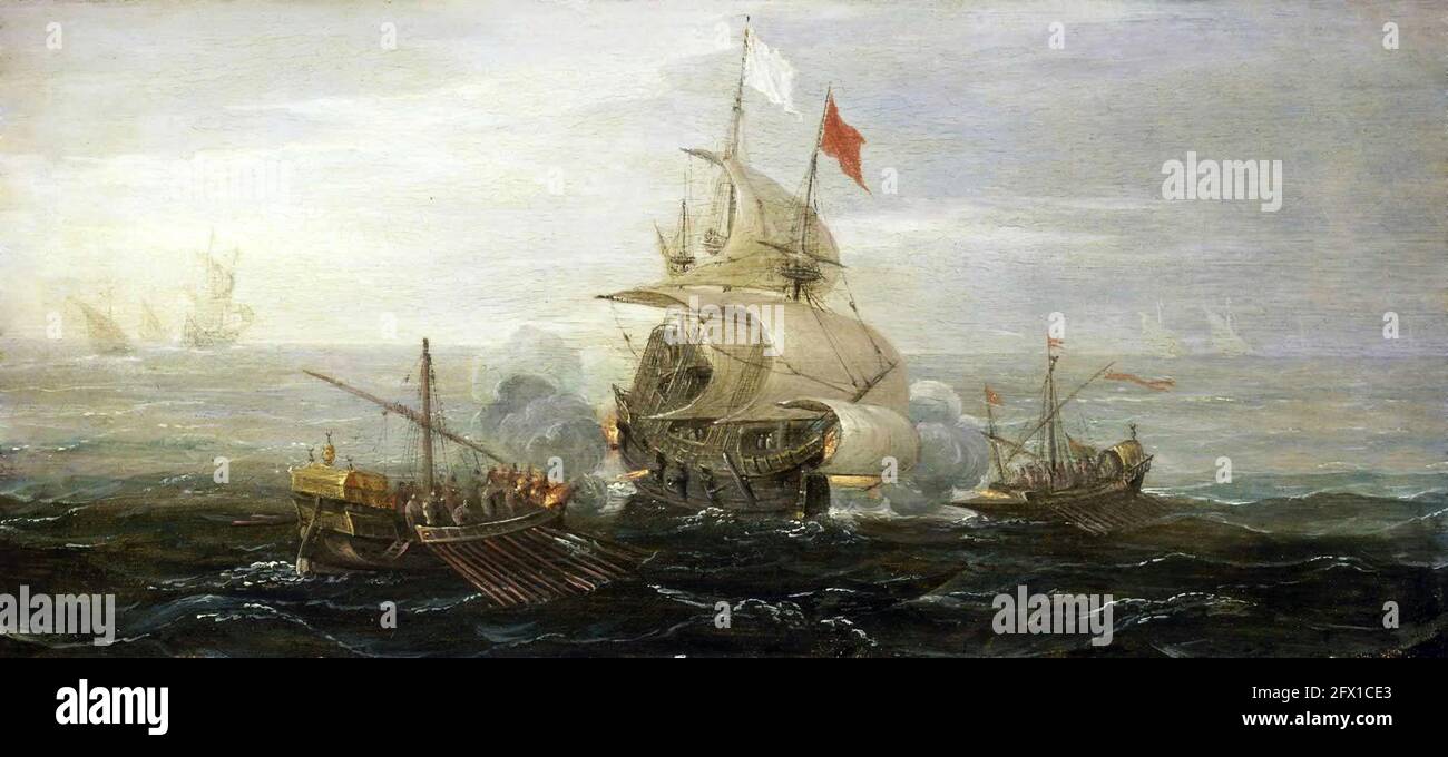 A French Ship and Barbary Pirates  by Aert Anthoniszoon, circa 1615 Stock Photo