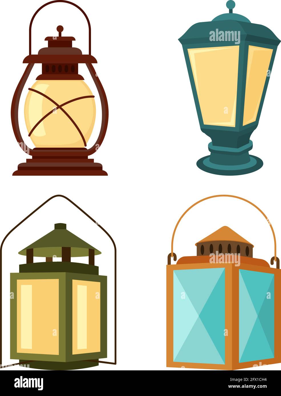 Colorful cartoon vintage lanterns set. Rustic outdoor party decor. Vintage themed vector illustration for icon, site label, gift car or invitation dec Stock Vector