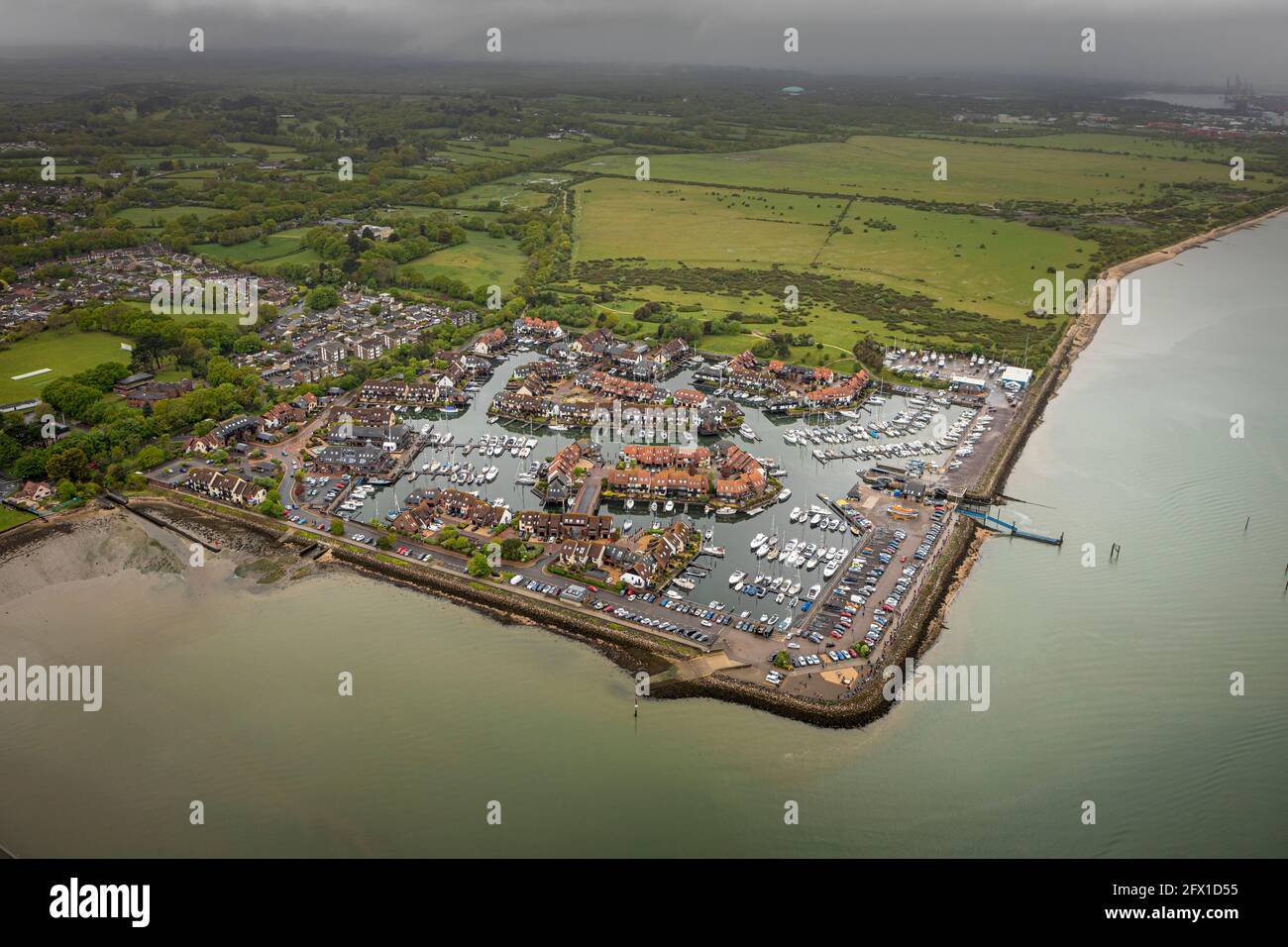 Aerial view of Hythe Marina Village, New Forest, Hampshire.  Picture date: Sunday May 16, 2021. Photograph by Christopher Ison © 07544044177 chris@chr Stock Photo