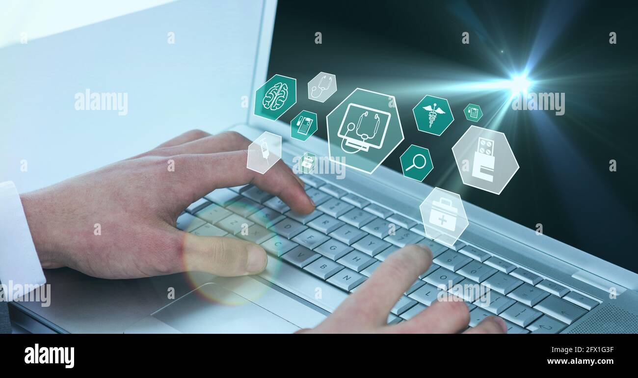 Composition of screen with medical data processing over male doctor ...