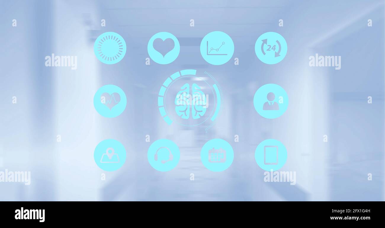 Composition of network of medical icons over hospital Stock Photo - Alamy