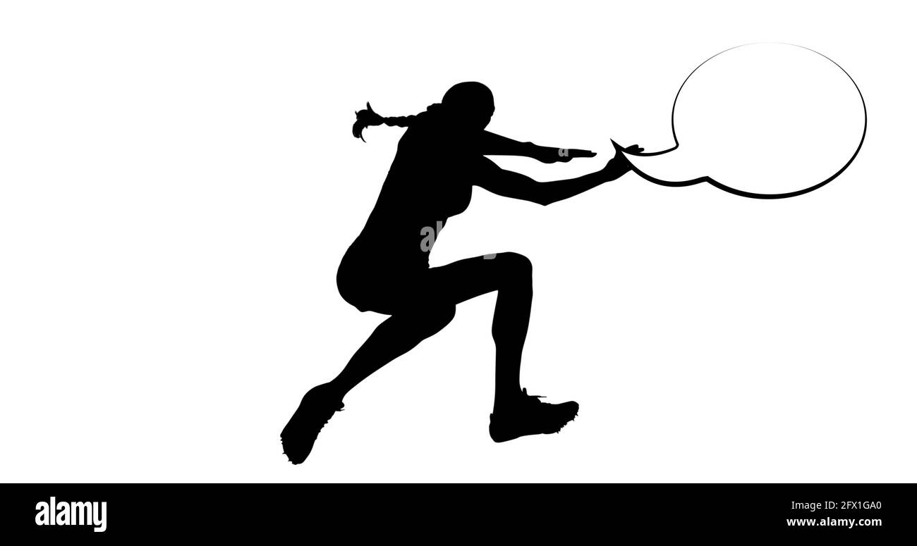 Composition of silhouette of female long jumper and speech bubble with copy space on white Stock Photo