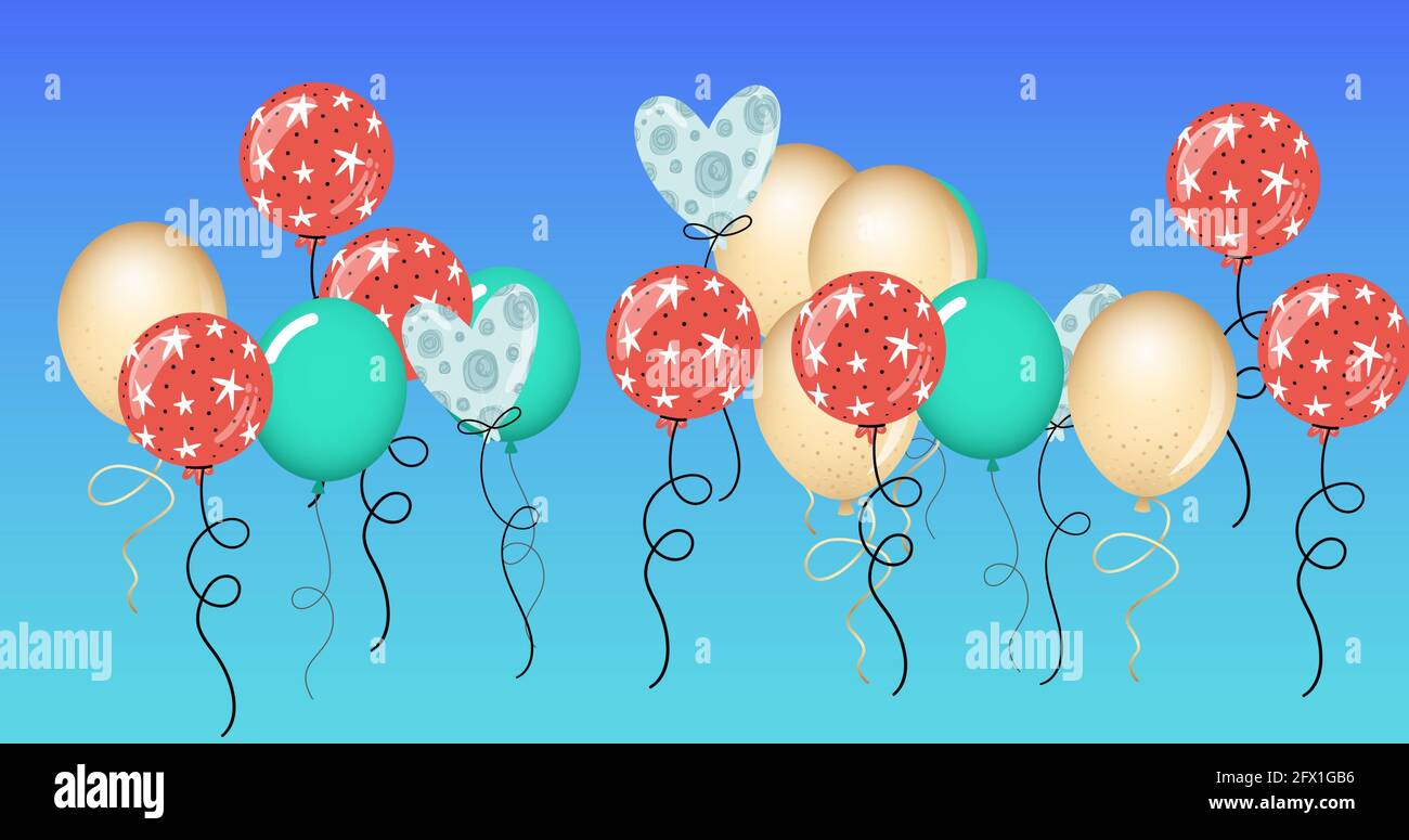 Composition of multiple red, green and yellow balloons on blue background Stock Photo