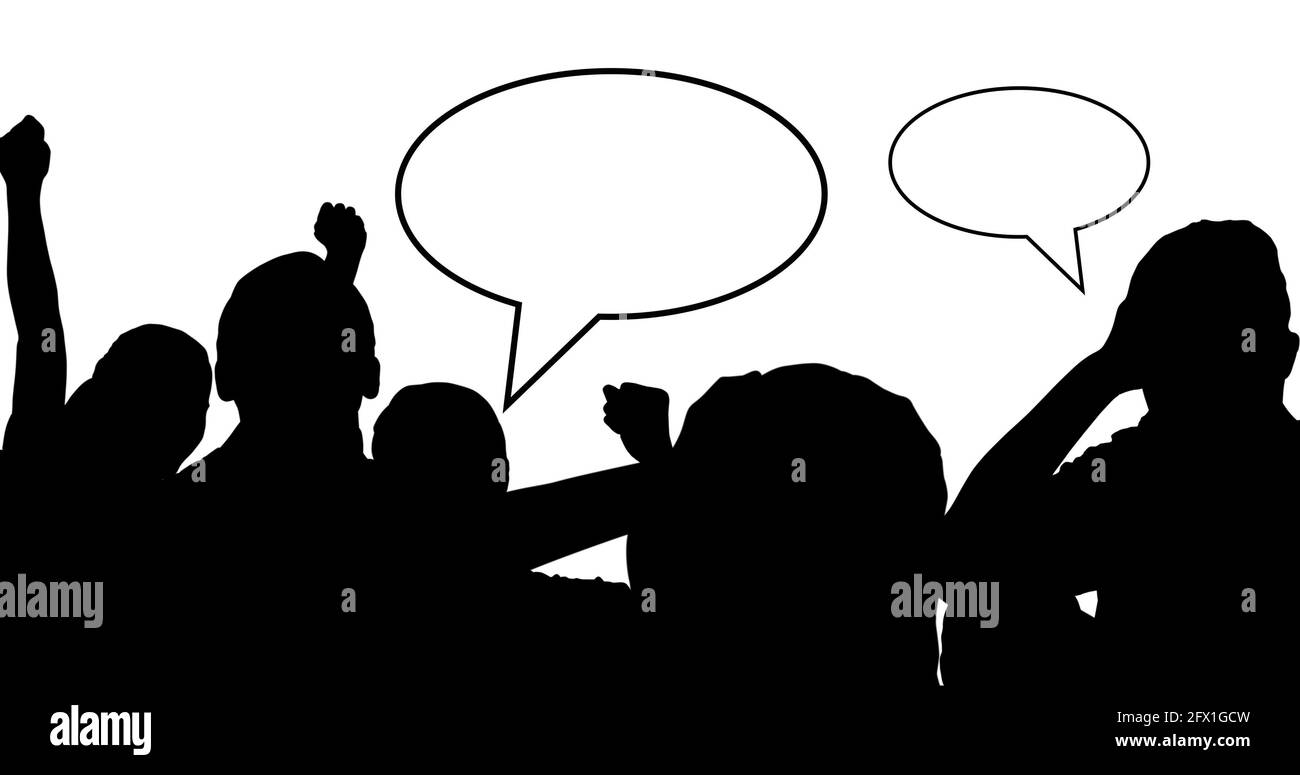 Composition of silhouette of sports fans and speech bubbles with copy space Stock Photo