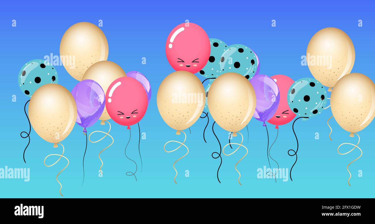 Composition of multiple red, purple and yellow balloons on blue background Stock Photo