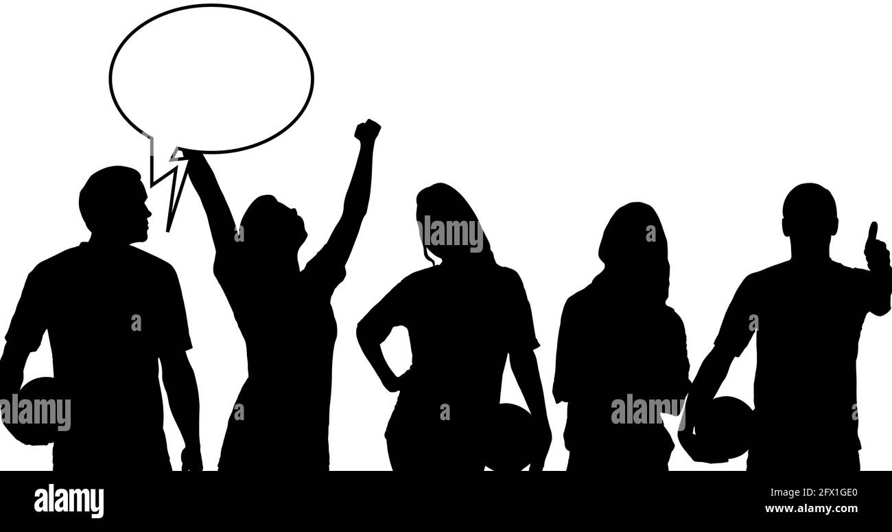 Composition of silhouette of sports fans and speech bubble with copy space Stock Photo Alamy