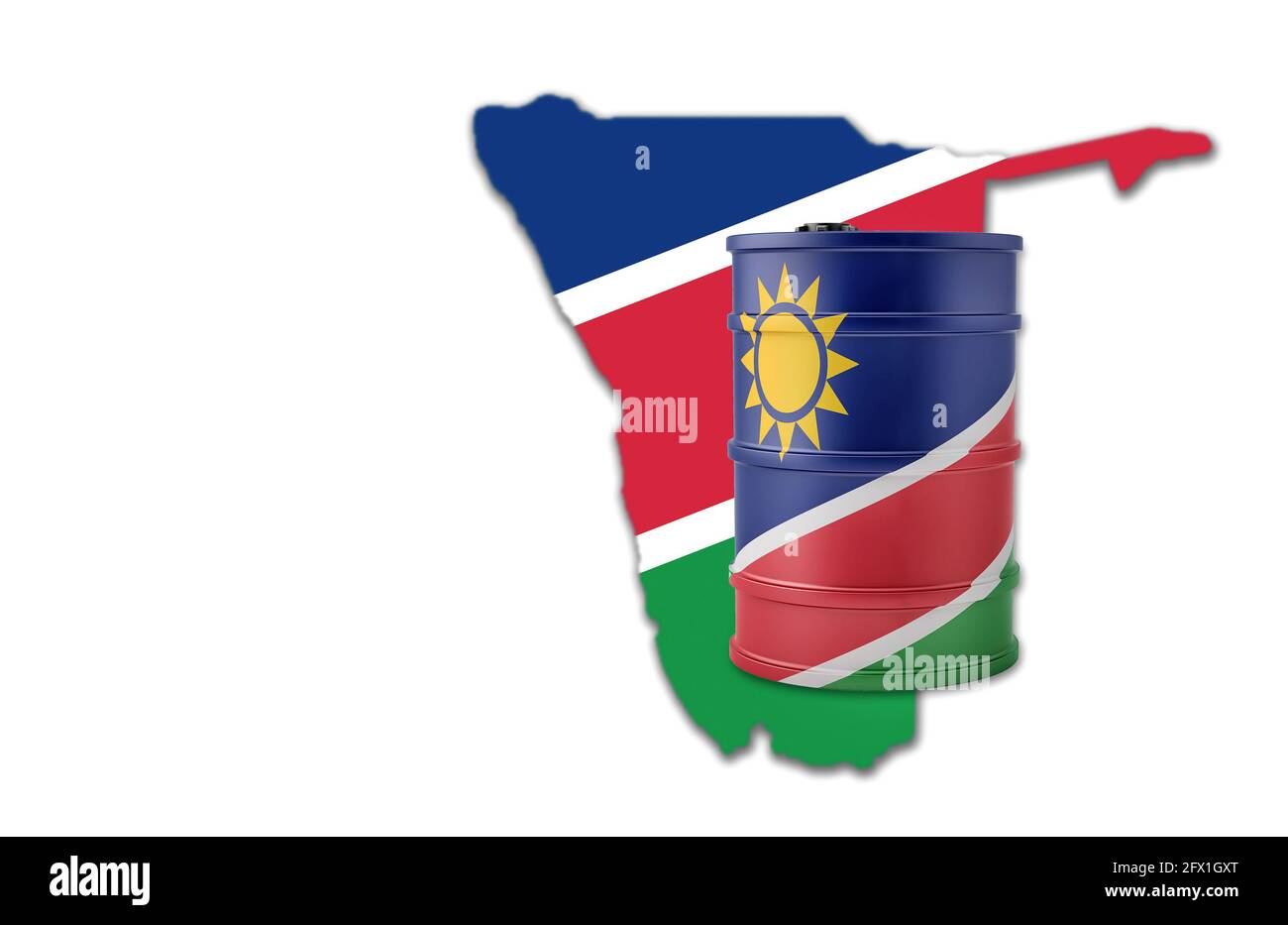 Oil drum in Namibia flag design in front of Namibia state silhouette. 3D Rendering Stock Photo