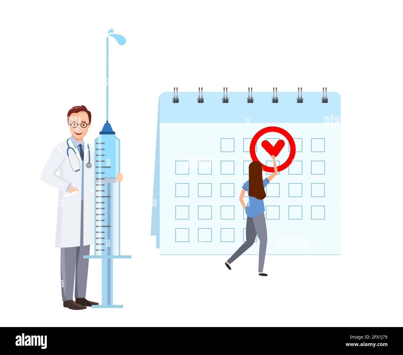 Immunization schedule. Concept universal vaccination. Doctor holding  large syringe. Girl marks date vaccination on calendar. Vaccination calendar. Ve Stock Vector