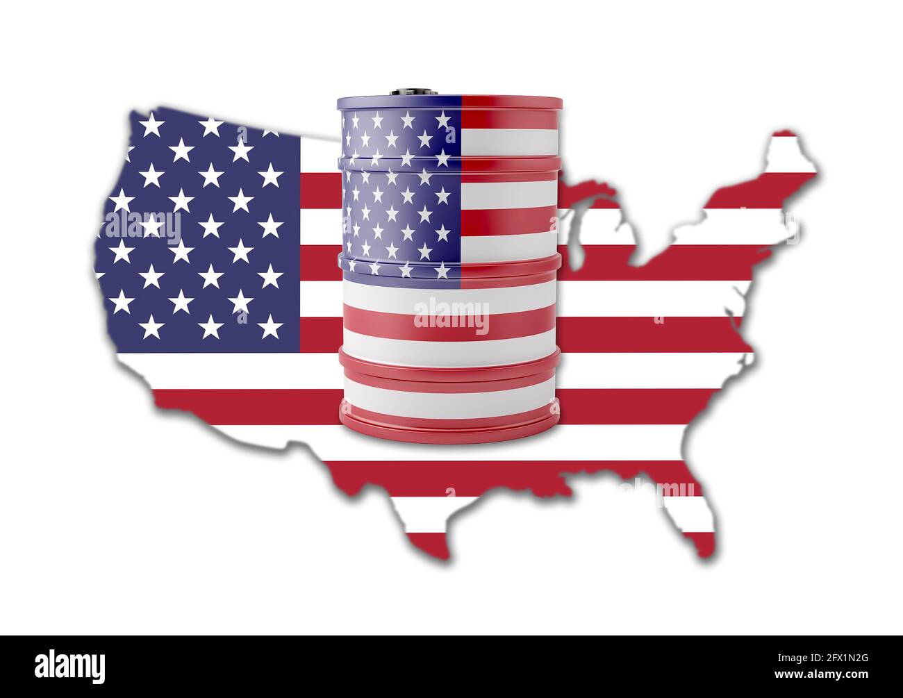 Oil drum in USA flag design in front of USA state silhouette. 3D Rendering Stock Photo