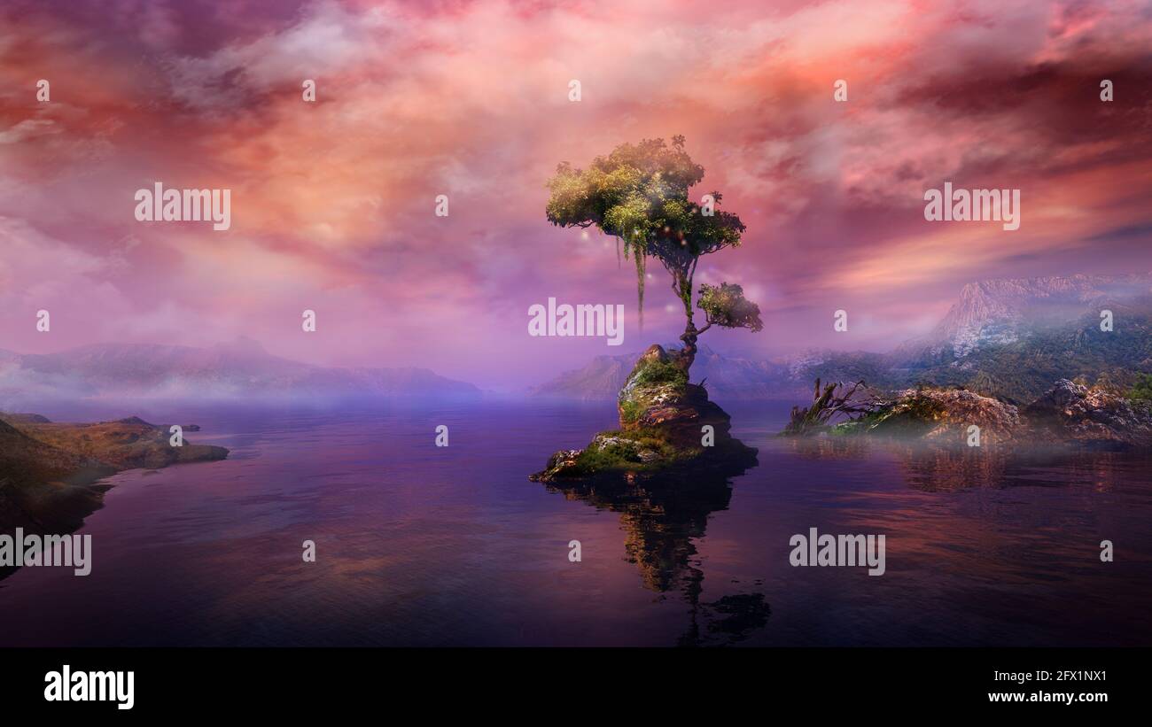 Magical landscape with a tree on a mountain lake island, 3D render. Stock Photo